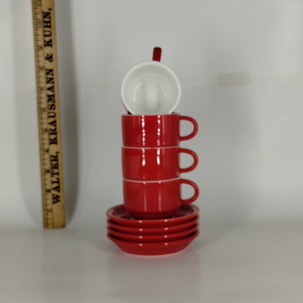 Sweese Stackable Espresso Coffee Mugs/Cups with Saucers Red/White Set of 4